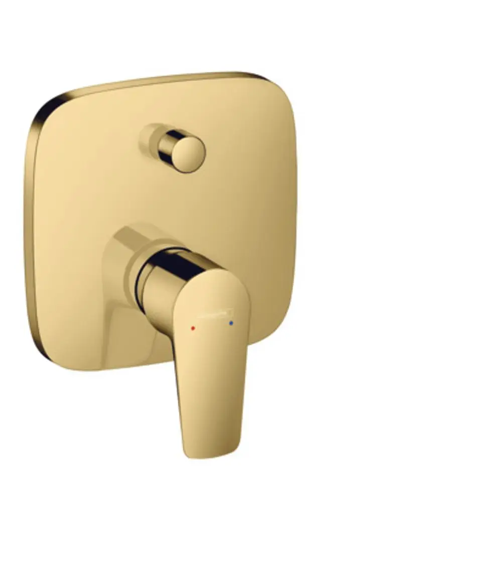 Wannenmischer mit einem modernen Design von Hansgrohe, ausgestattet mit einem Hebel und einer integrierten Sicherungskombination, in polierter goldener Optik.